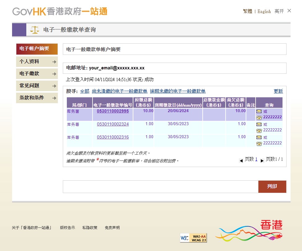 电子一般缴款单帐户摘要（示范）